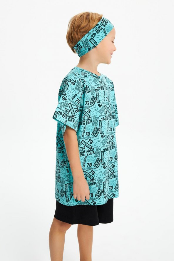 Turquaz Desenli Erkek Çocuk %100 Pamuklu Penye Oversize Gri Desenli T-Shirt Yumuşak Bandana 2'Lİ TAKIM Trend Seri 5 - 5