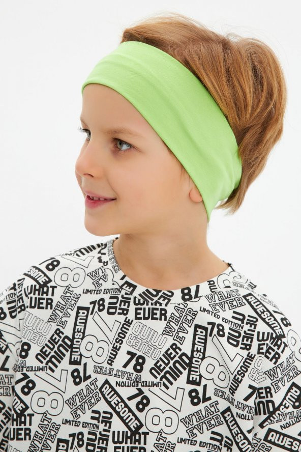 Yeşil Beyaz Desenli Erkek Çocuk %100 Pamuklu Penye Oversize Beyaz Desenli T-Shirt Yumuşak Yeşil Bandana 2'Lİ TAKIM Seri5 - 2