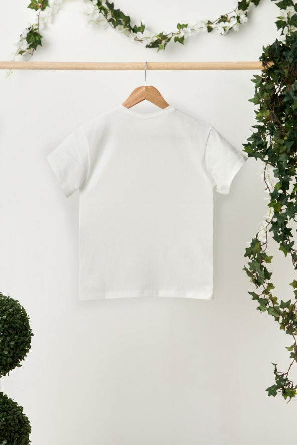 Beyaz Desenli-Beyaz Erkek Çocuk %100 Pamuklu Penye Oversize Beyaz T-Shirt Yumuşak Bandana 2'Lİ TAKIM Trend Seri 4 - 7