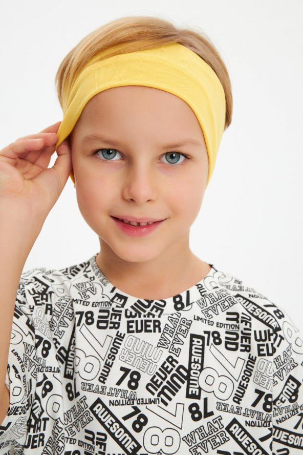 Sarı-Beyaz Desenli Erkek Çocuk %100 Pamuklu Penye Oversize Beyaz Desenli T-Shirt Yumuşak Sarı Bandana 2'Lİ TAKIM Seri5 - 2