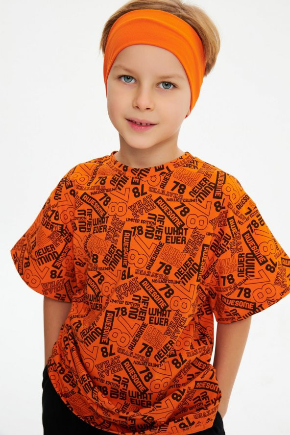 Turuncu-Turuncu Desenli Erkek Çocuk %100 Pamuklu Oversize Turuncu Desenli T-Shirt Yumuşak  Turuncu Bandana 2'Lİ TAKIM Seri 5 - 5