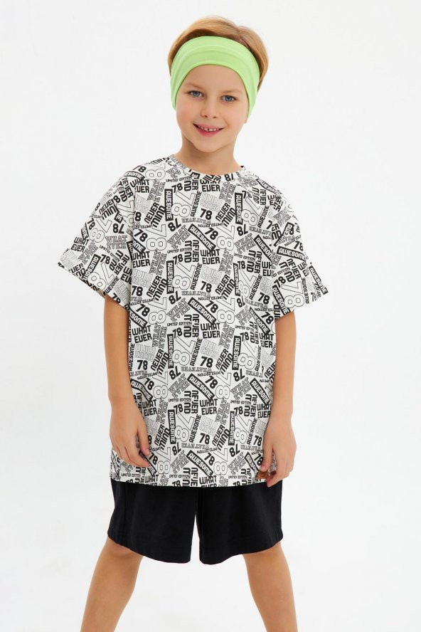 Yeşil Beyaz Desenli Erkek Çocuk %100 Pamuklu Penye Oversize Beyaz Desenli T-Shirt Yumuşak Yeşil Bandana 2'Lİ TAKIM Seri5 - 4