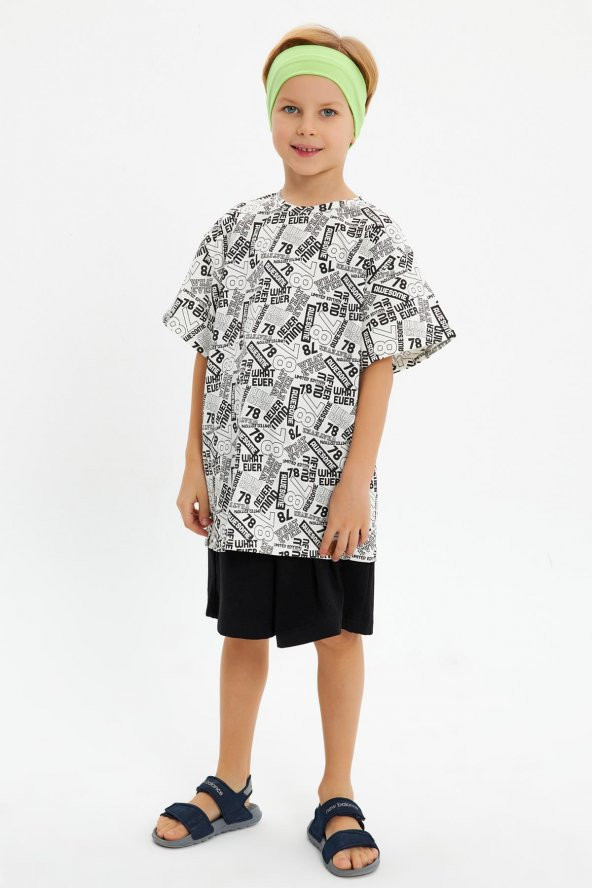 Yeşil Beyaz Desenli Erkek Çocuk %100 Pamuklu Penye Oversize Beyaz Desenli T-Shirt Yumuşak Yeşil Bandana 2'Lİ TAKIM Seri5 - 5