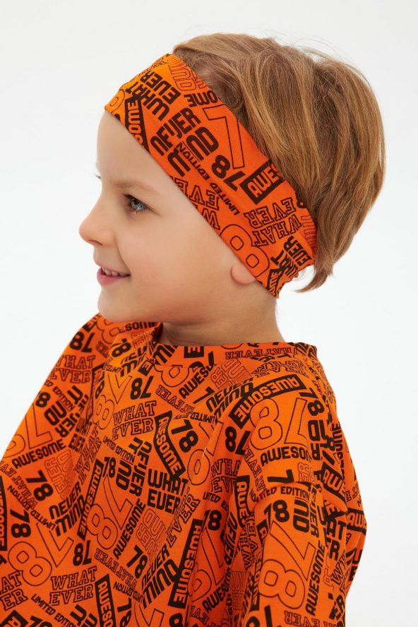 Turuncu Desenli Erkek Çocuk %100 Pamuklu Penye Oversize Gri Desenli T-Shirt Yumuşak Bandana 2'Lİ TAKIM Trend Seri 5 - 4