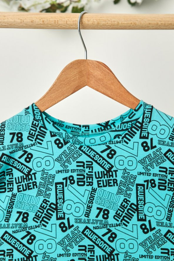Turquaz Desenli Erkek Çocuk %100 Pamuklu Penye Oversize Gri Desenli T-Shirt Yumuşak Bandana 2'Lİ TAKIM Trend Seri 5 - 7
