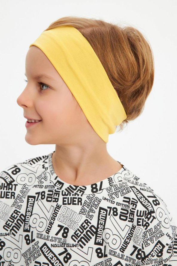 Sarı-Beyaz Desenli Erkek Çocuk %100 Pamuklu Penye Oversize Beyaz Desenli T-Shirt Yumuşak Sarı Bandana 2'Lİ TAKIM Seri5 - 3