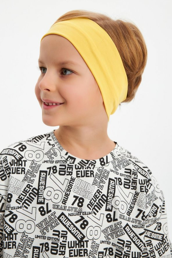 Sarı-Beyaz Desenli Erkek Çocuk %100 Pamuklu Penye Oversize Beyaz Desenli T-Shirt Yumuşak Sarı Bandana 2'Lİ TAKIM Seri5 - 4