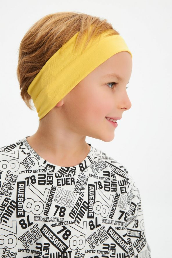 Sarı-Beyaz Desenli Erkek Çocuk %100 Pamuklu Penye Oversize Beyaz Desenli T-Shirt Yumuşak Sarı Bandana 2'Lİ TAKIM Seri5 - 5