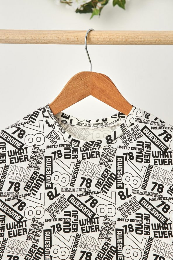 Sarı-Beyaz Desenli Erkek Çocuk %100 Pamuklu Penye Oversize Beyaz Desenli T-Shirt Yumuşak Sarı Bandana 2'Lİ TAKIM Seri5 - 7