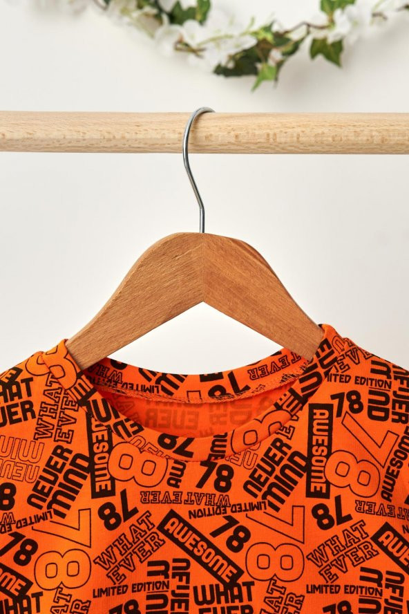 Turuncu Desenli Erkek Çocuk %100 Pamuklu Penye Oversize Gri Desenli T-Shirt Yumuşak Bandana 2'Lİ TAKIM Trend Seri 5 - 7