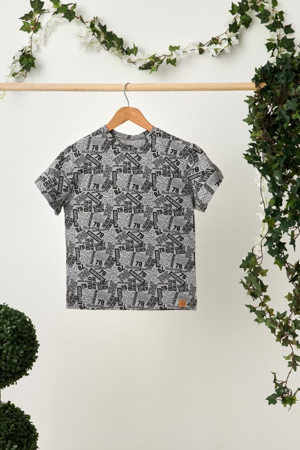 Gri Erkek Çocuk Kısa Kollu Desenli Bisiklet Yaka Terletmez, Yumuşak Rahat %100 Pamuklu Penye T-Shirt
