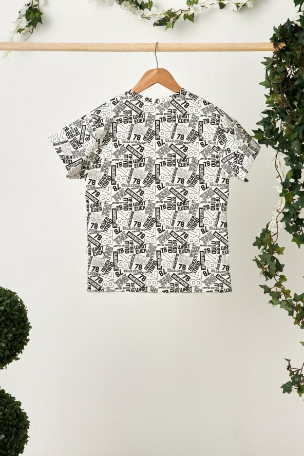 Beyaz Erkek Çocuk Kısa Kollu Desenli Bisiklet Yaka Terletmez, Yumuşak Rahat %100 Pamuklu Penye T-Shirt - 2