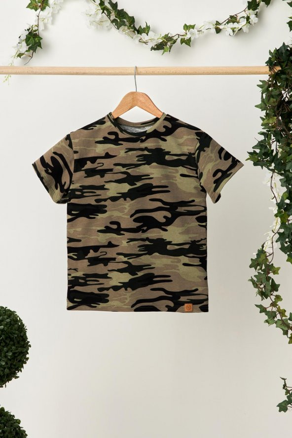 Kamuflaj Erkek Çocuk Kısa Kollu Desenli Bisiklet Yaka Terletmez, Yumuşak Rahat %100 Pamuklu Penye T-Shirt