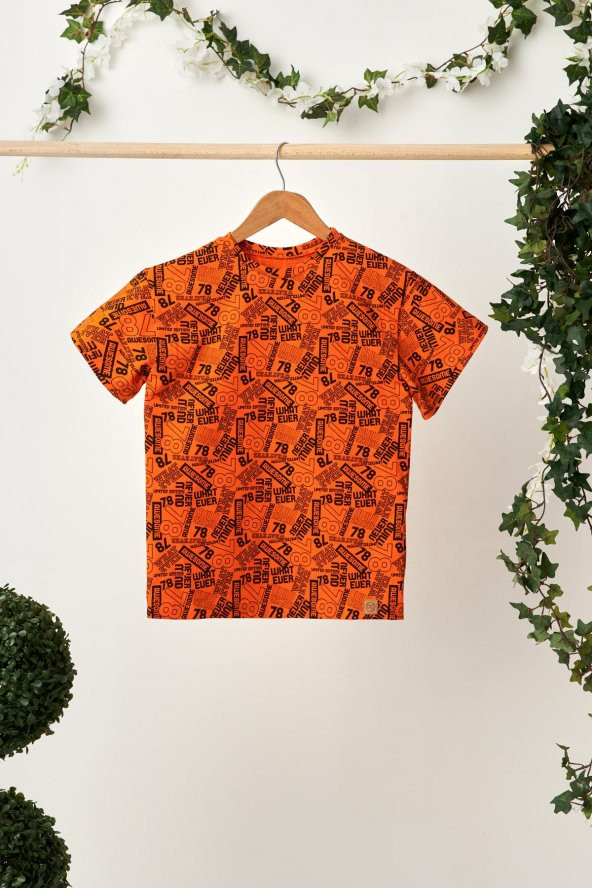 Turuncu Erkek Çocuk Kısa Kollu Desenli Bisiklet Yaka Terletmez, Yumuşak Rahat %100 Pamuklu Penye T-Shirt