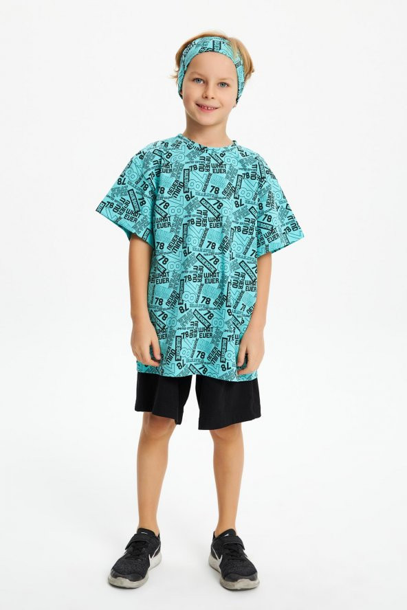 Turkuaz Erkek Çocuk Kısa Kollu Desenli Bisiklet Yaka Terletmez, Yumuşak Rahat %100 Pamuklu Penye T-Shirt - 5
