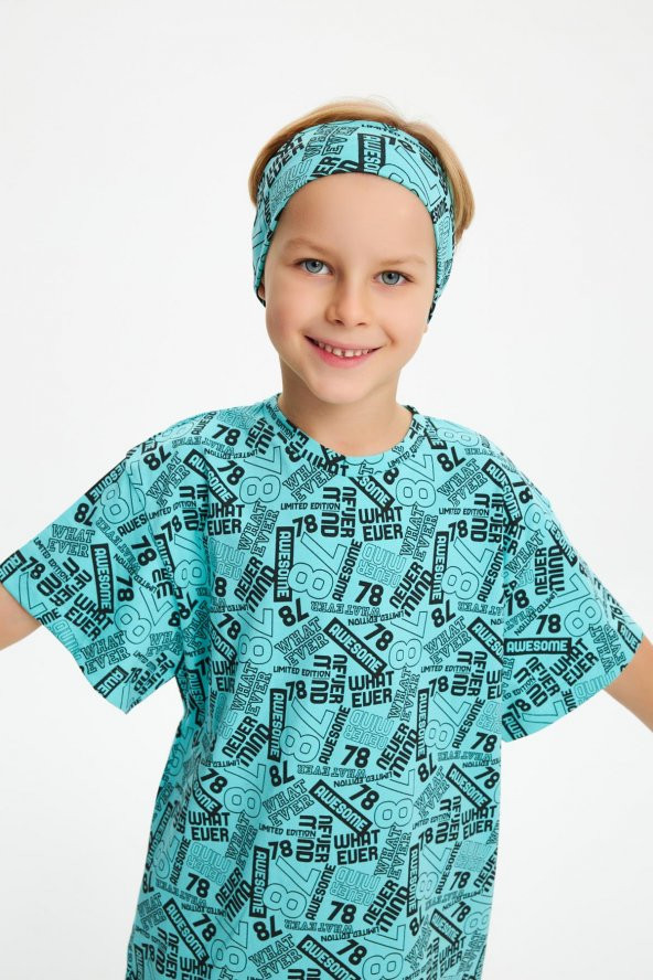 Turkuaz Erkek Çocuk Kısa Kollu Desenli Bisiklet Yaka Terletmez, Yumuşak Rahat %100 Pamuklu Penye T-Shirt - 7