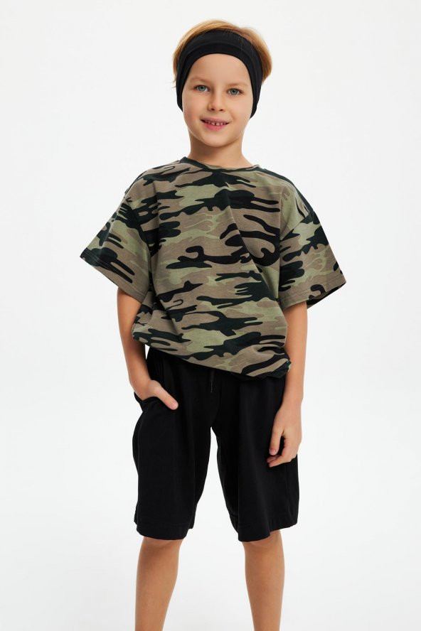 Kamuflaj Erkek Çocuk Kısa Kollu Desenli Bisiklet Yaka Terletmez, Yumuşak Rahat %100 Pamuklu Penye T-Shirt - 6
