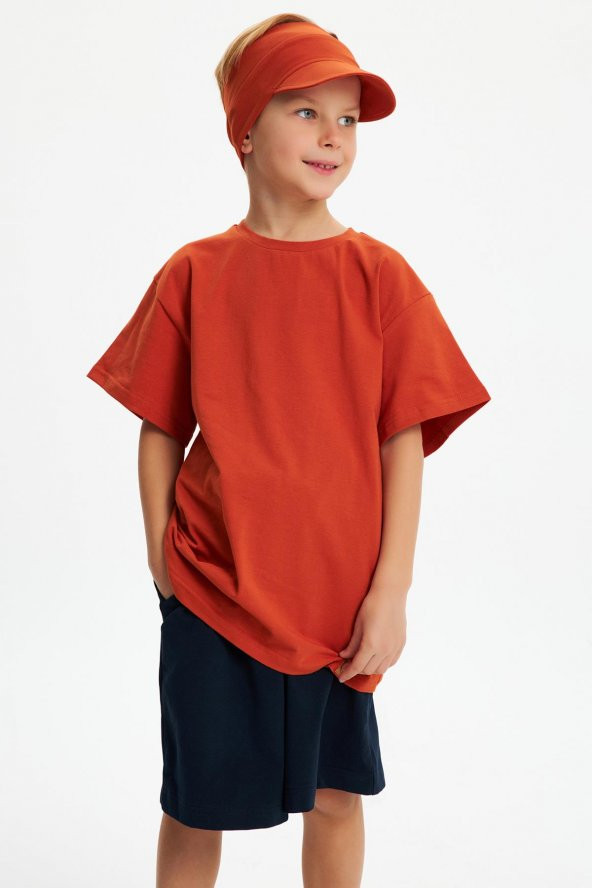 Kiremit Erkek Çocuk Kısa Kollu Bisiklet Yaka Terletmez, Yumuşak Rahat %100 Pamuklu Penye T-Shirt - 7