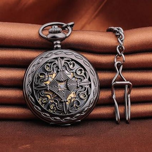 Valkyrie Vintage Kutulu Köstekli Kurmalı Mekanik Chrome İskelet Saat - Hediyelik Cep Saati - Retro - 4