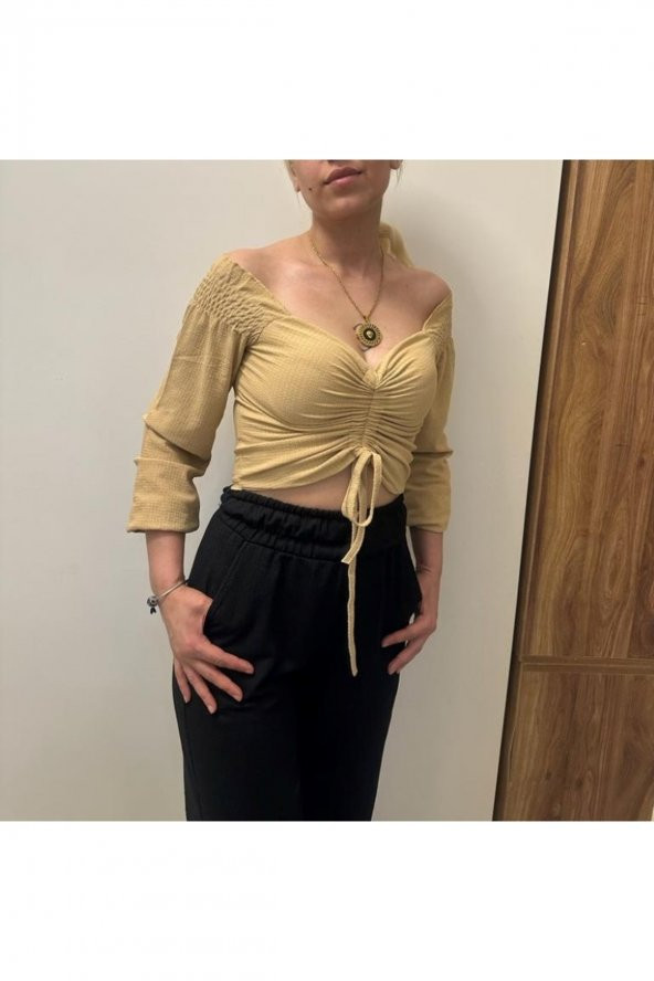 Ön Büzgü Ayarlamalı Gofre Kumaş Bluz - 3