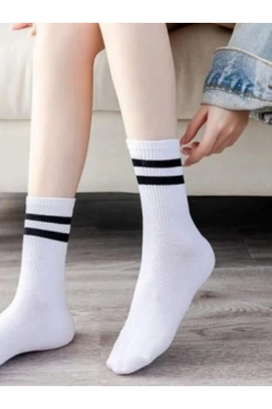 Ünisex Kolej Tenis Spor Çizgili Çorap Beyaz Paket İçeriği 2 Adet Beyaz