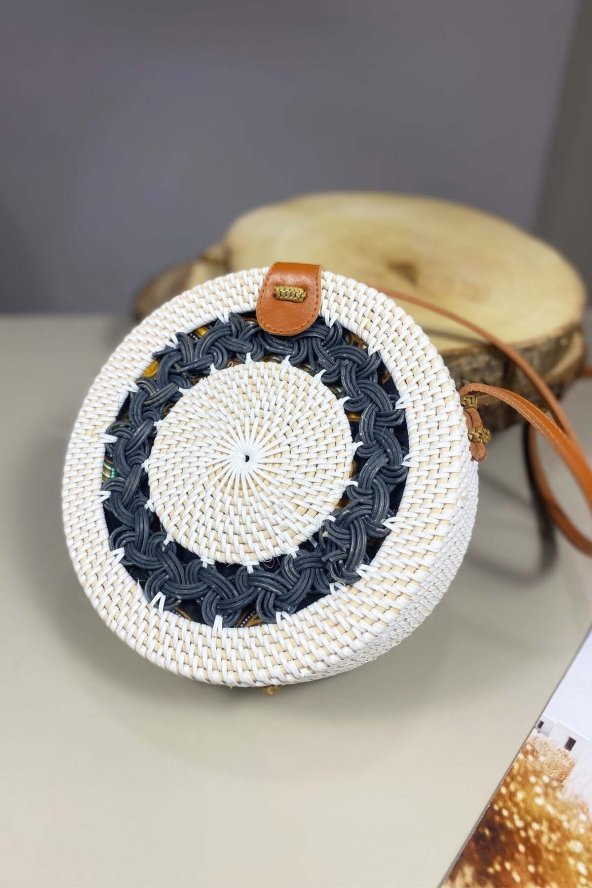 Yuvarlak Rattan Hasırı Çanta Yuvarlak Desenli - 2