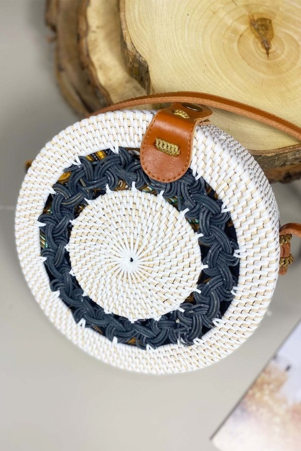 Yuvarlak Rattan Hasırı Çanta Yuvarlak Desenli - 3