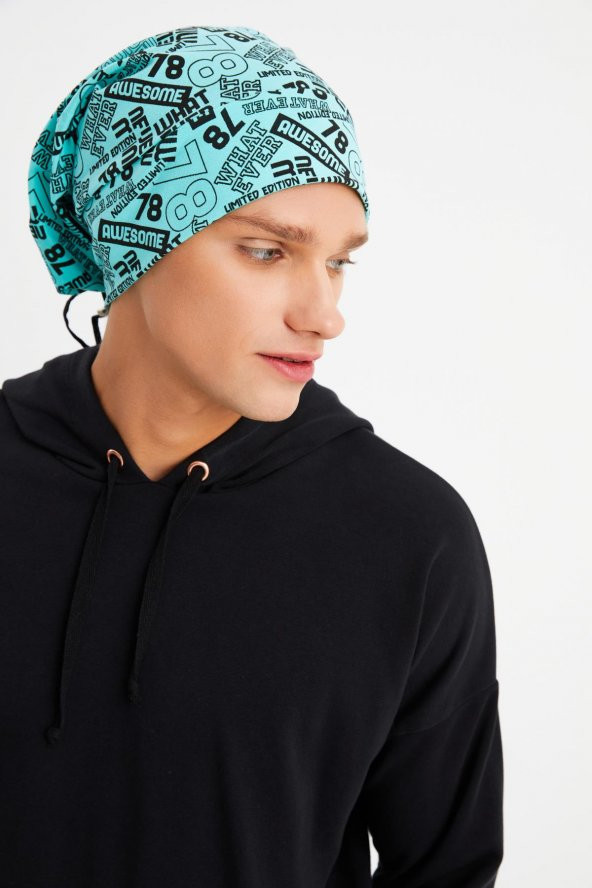 Erkek Turquaz Desenli 4 Mevsim Pamuklu, Esnek, Ultra Yumuşak Hafif, Terletmez, İp Detaylı Penye Şapka - 2