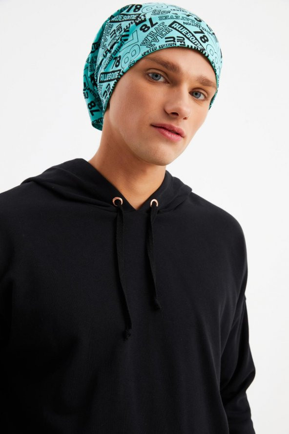 Erkek Turquaz Desenli 4 Mevsim Pamuklu, Esnek, Ultra Yumuşak Hafif, Terletmez, İp Detaylı Penye Şapka - 3