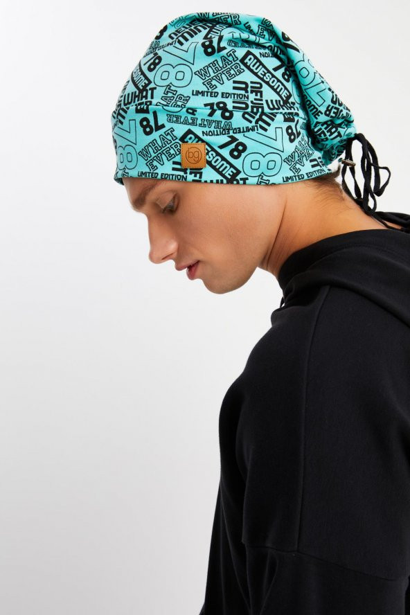 Erkek Turquaz Desenli 4 Mevsim Pamuklu, Esnek, Ultra Yumuşak Hafif, Terletmez, İp Detaylı Penye Şapka - 4