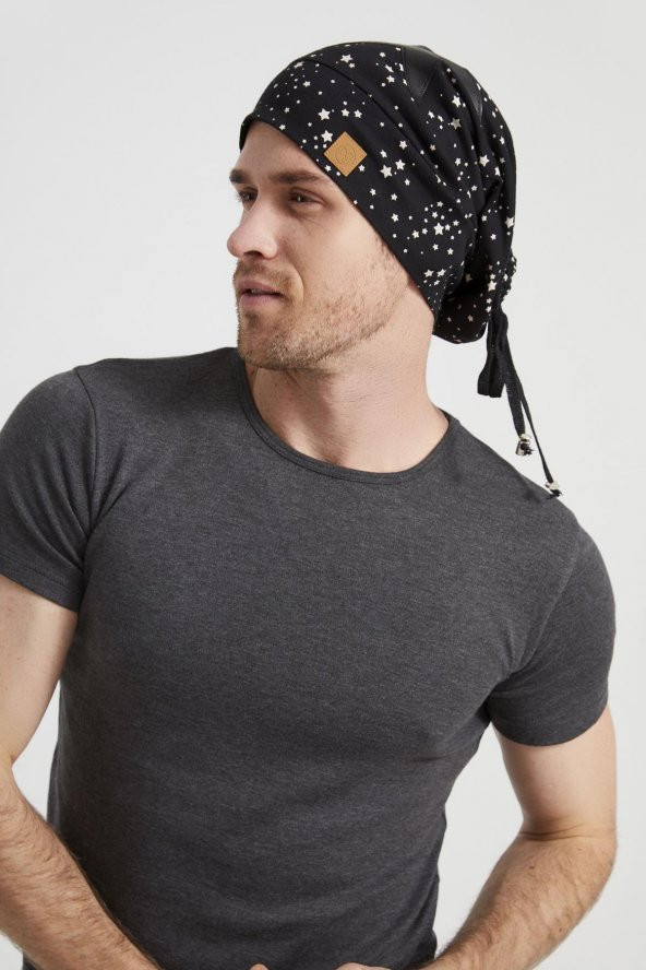 Erkek siyah, beyaz yıldız desenli, ip detaylı 4 mevsim Şapka Bere Buff -Ultra yumuşak doğal penye kumaş