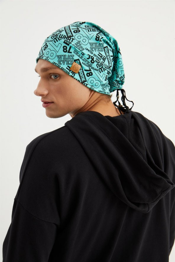 Erkek Turquaz Desenli 4 Mevsim Pamuklu, Esnek, Ultra Yumuşak Hafif, Terletmez, İp Detaylı Penye Şapka - 7