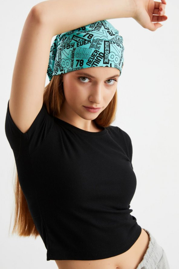 Kadın Turquaz Desenli 4 Mevsim Pamuklu, Esnek, Ultra Yumuşak Hafif, Terletmez, İp Detaylı Penye Şapka - 2