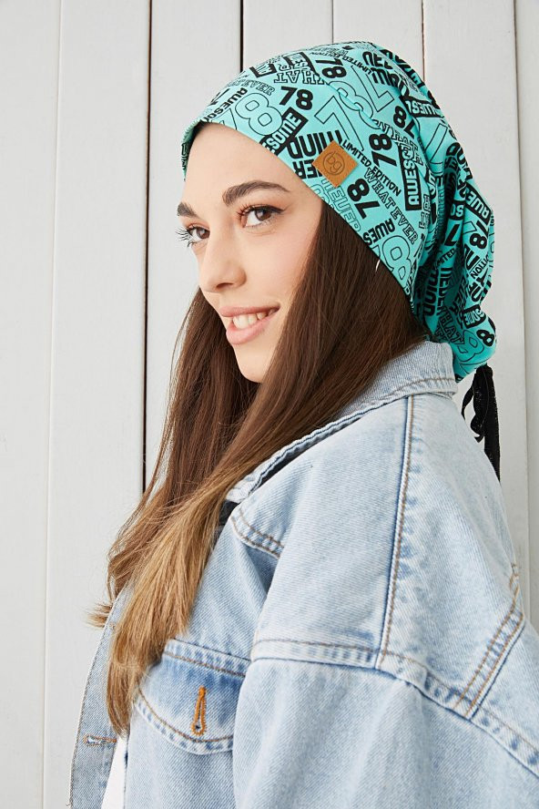 Kadın Turquaz siyah desenli ip detaylı 4 mevsim Şapka Bere Buff Ultra yumuşak doğal penye