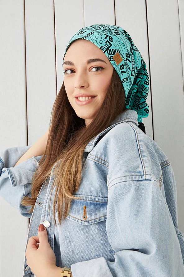 Kadın Turquaz siyah desenli ip detaylı 4 mevsim Şapka Bere Buff Ultra yumuşak doğal penye - 2