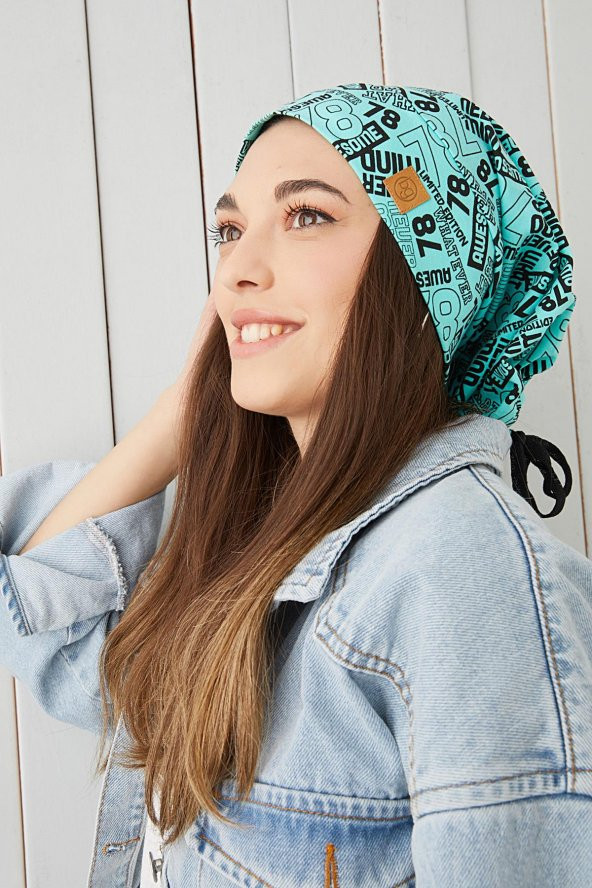 Kadın Turquaz siyah desenli ip detaylı 4 mevsim Şapka Bere Buff Ultra yumuşak doğal penye - 3