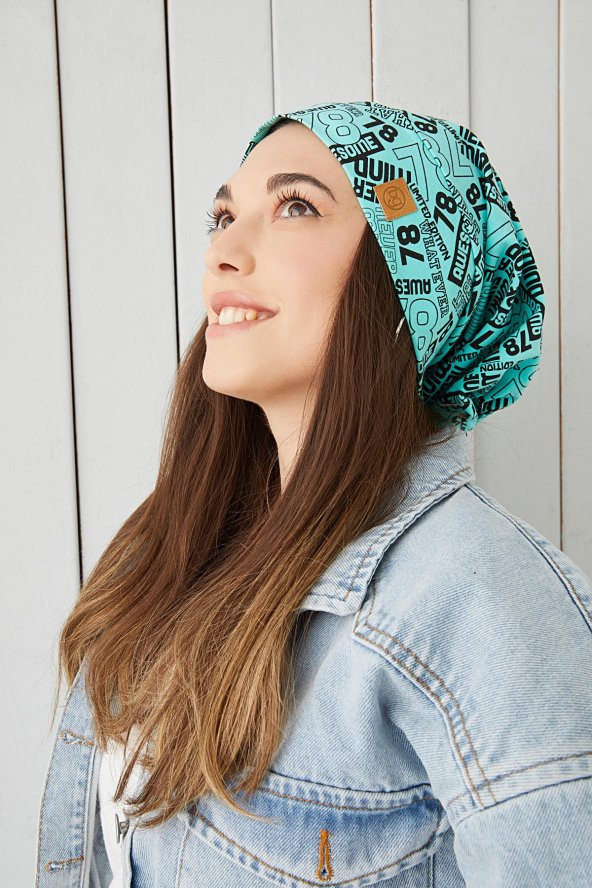 Kadın Turquaz siyah desenli ip detaylı 4 mevsim Şapka Bere Buff Ultra yumuşak doğal penye - 5