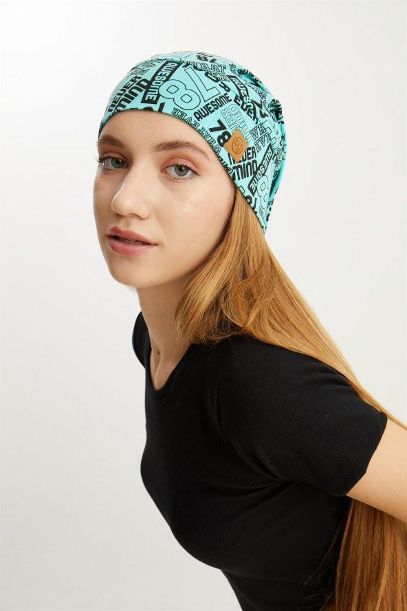 Kadın Turquaz Desenli 4 Mevsim Pamuklu, Esnek, Ultra Yumuşak Hafif, Terletmez, İp Detaylı Penye Şapka - 9