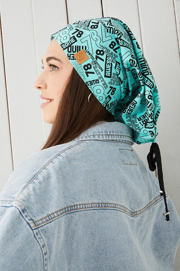 Kadın Turquaz siyah desenli ip detaylı 4 mevsim Şapka Bere Buff Ultra yumuşak doğal penye - 6