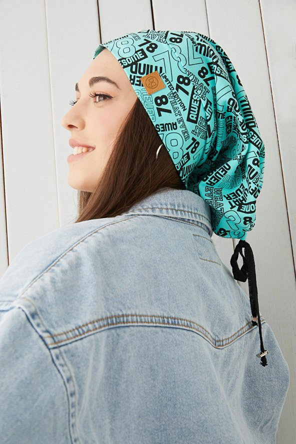 Kadın Turquaz siyah desenli ip detaylı 4 mevsim Şapka Bere Buff Ultra yumuşak doğal penye - 7