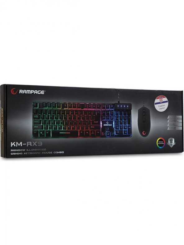 Rampage KM-RX9 Siyah USB Gökkuşağı Zemin Aydınlatmalı Croatian Layout Oyuncu Klavye Mouse Set