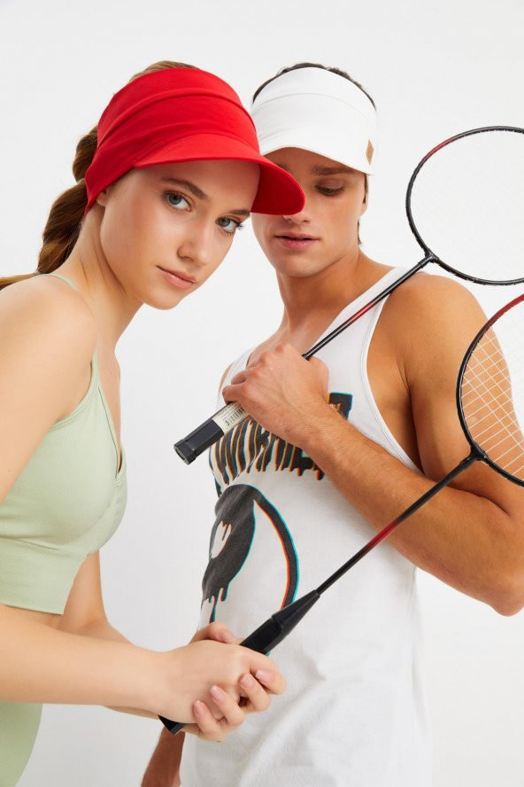 Beyaz - Kırmızı UV Korumalı Katlanır Üstü Açık Yumuşak Siperli %100 Pamuklu Penye Tenis Vizör Şapka 2^li Set - 2
