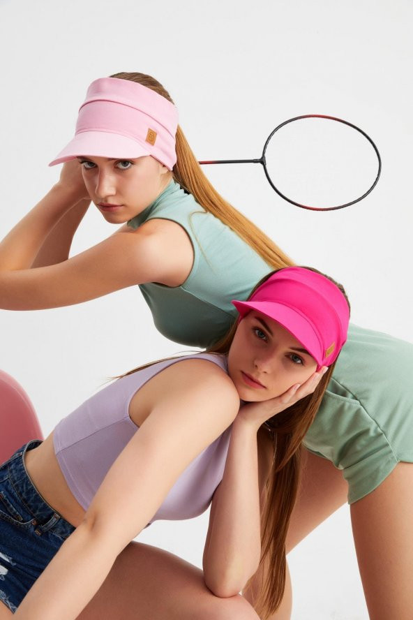 Pembe - Fuşya UV Korumalı Katlanır Üstü Açık Yumuşak Siperli %100 Pamuklu Penye Tenis Vizör Şapka 2^li Set