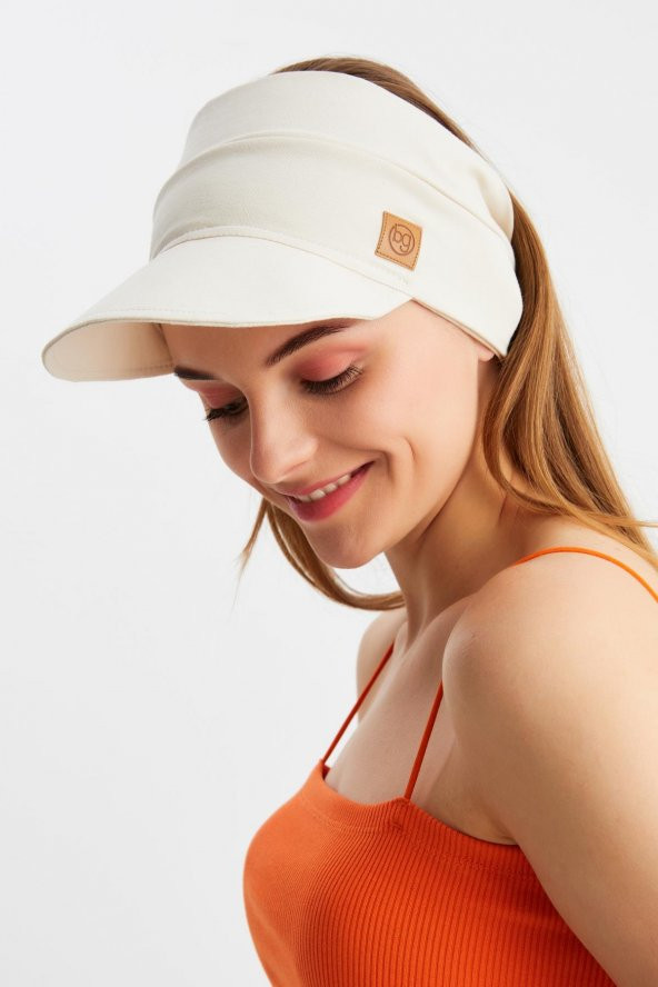 Kadın Bej UV Korumalı Katlanabilir Üstü Açık Yumuşak Siperli %100 Pamuklu Penye Tenis Vizör Şapka - 2