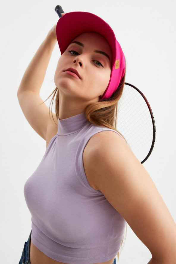 Kadın Fuşya UV Korumalı Katlanabilir Üstü Açık Yumuşak Siperli %100 Pamuklu Penye Tenis Vizör Şapka - 4