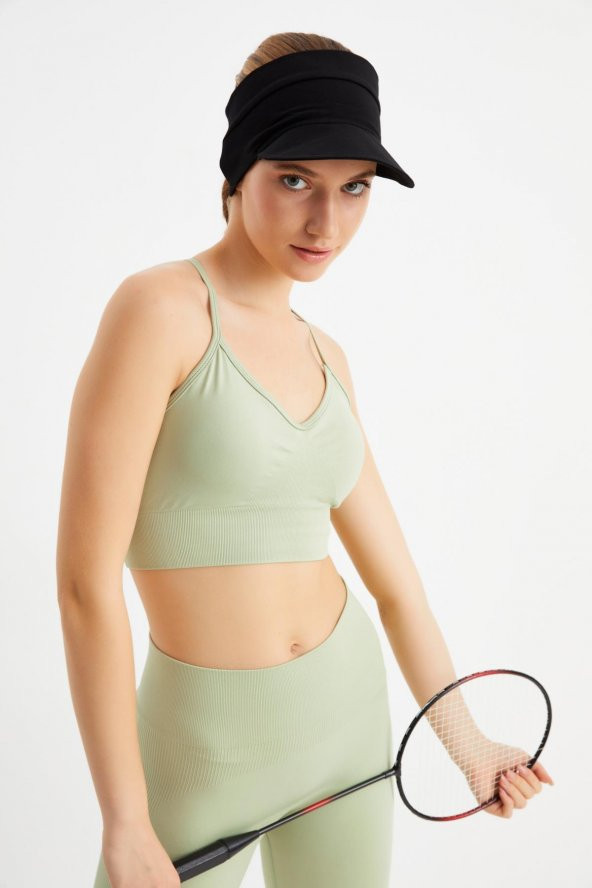 Kadın Siyah UV Korumalı Katlanabilir Üstü Açık Yumuşak Siperli %100 Pamuklu Penye Tenis Vizör Şapka