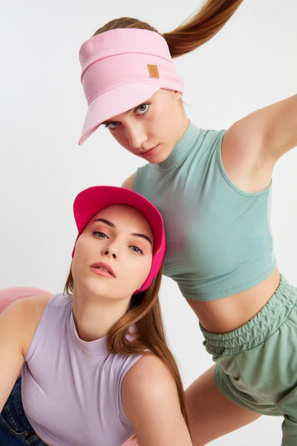 Pembe - Fuşya UV Korumalı Katlanır Üstü Açık Yumuşak Siperli %100 Pamuklu Penye Tenis Vizör Şapka 2^li Set - 3