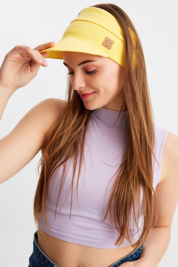 Lila - Sarı UV Korumalı Katlanır Üstü Açık Yumuşak Siperli %100 Pamuklu Penye Tenis Vizör Şapka 2^li Set - 8
