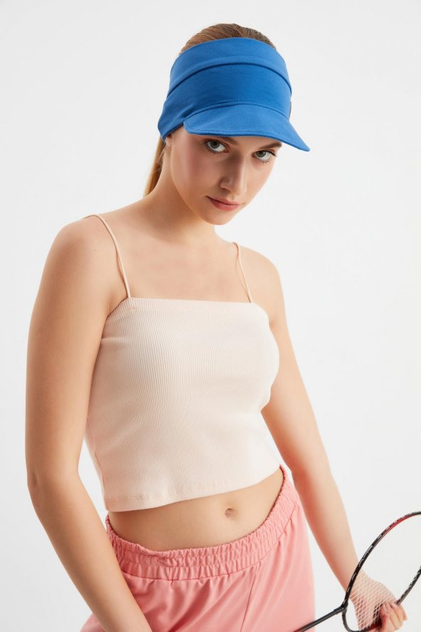 Kadın Mavi UV Korumalı Katlanabilir Üstü Açık Yumuşak Siperli %100 Pamuklu Penye Tenis Vizör Şapka