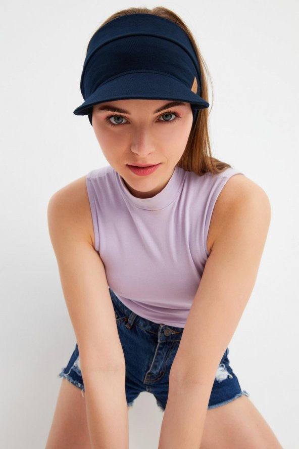 Kadın Lacivert UV Korumalı Katlanır Üstü Açık Yumuşak Siperli %100 Pamuklu Penye Tenis Vizör Şapka